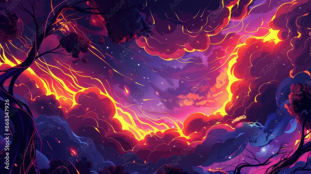 Fototapeta premium Vibrant, swirling cloudscape digital art illustration with pink, orange, and purple hues. Perfect for abstract, fantasy, or nature-themed projects.