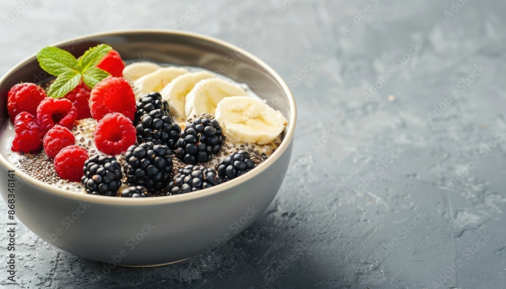 A bowl of fruit with bananas and raspberries A bowl of fruit with bananas and raspberries
