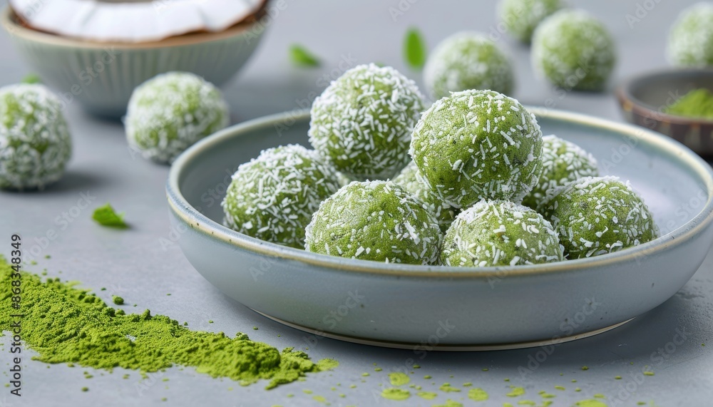 A bowl of green balls with coconut flakes on top A bowl of green balls with coconut flakes on top