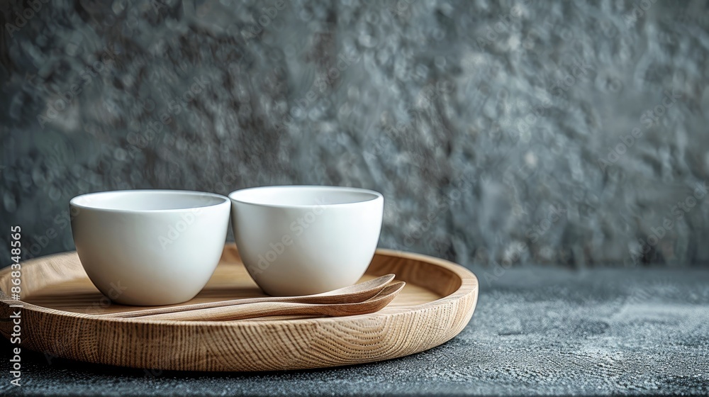 A minimalist composition featuring white bowls placed on an oak wooden plate, accompanied by spoon and fork. A minimalist composition featuring white bowls placed on an oak wooden plate, accompanied by spoon and fork.