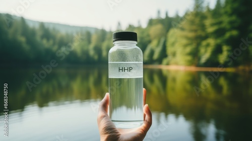 Hydration concept fresh water in h2o labeled reusable bottle, promoting health through hydration