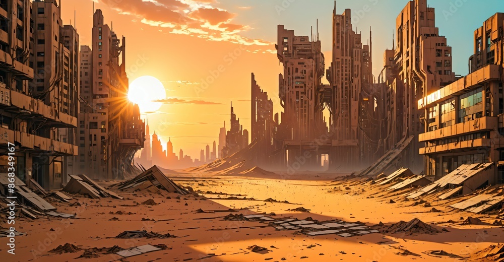 Naklejka premium desert sci-fi futuristic wasteland sunset. cyberpunk city ruins buildings and towers. debris, rubble, and junk buried with sand in summer.