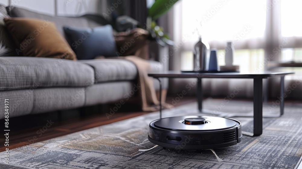 Modern Robot Vacuum Cleaner Demonstrating Efficiency Under Furniture in Minimalist Living Room Modern Robot Vacuum Cleaner Demonstrating Efficiency Under Furniture in Minimalist Living Room