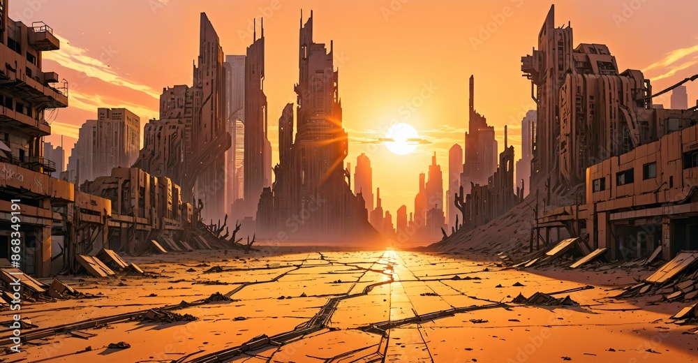 Naklejka premium desert sci-fi futuristic wasteland sunset. cyberpunk city ruins buildings and towers. debris, rubble, and junk buried with sand in summer.