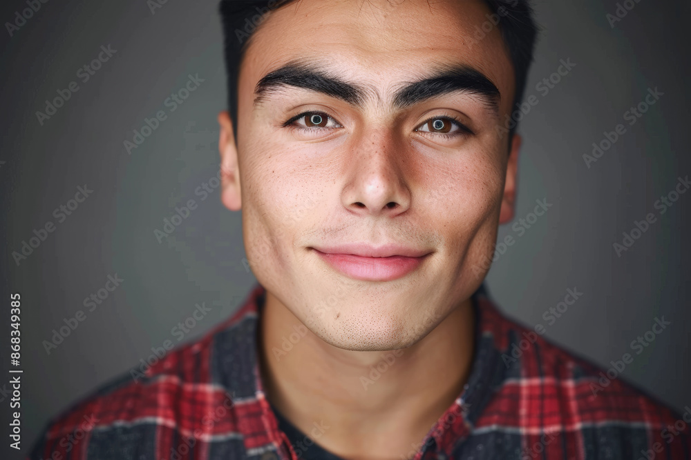 Obraz premium Close-up portrait of a young man of Latino descent, studio photo, against a sleek gray studio backdrop