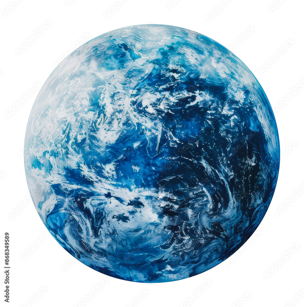 A detailed view of a water planet with clouds, cut out - stock png.