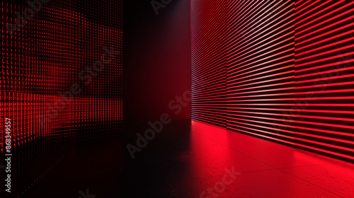 Futuristic red-lit room with glowing dots and illuminated wall