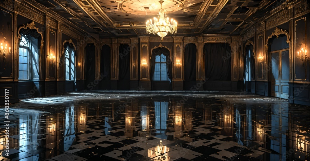 Obraz premium victorian baroque ballroom palace interior furniture design. aged old noble royal dark elegant empty mansion castle decor with intricate floor patterns.