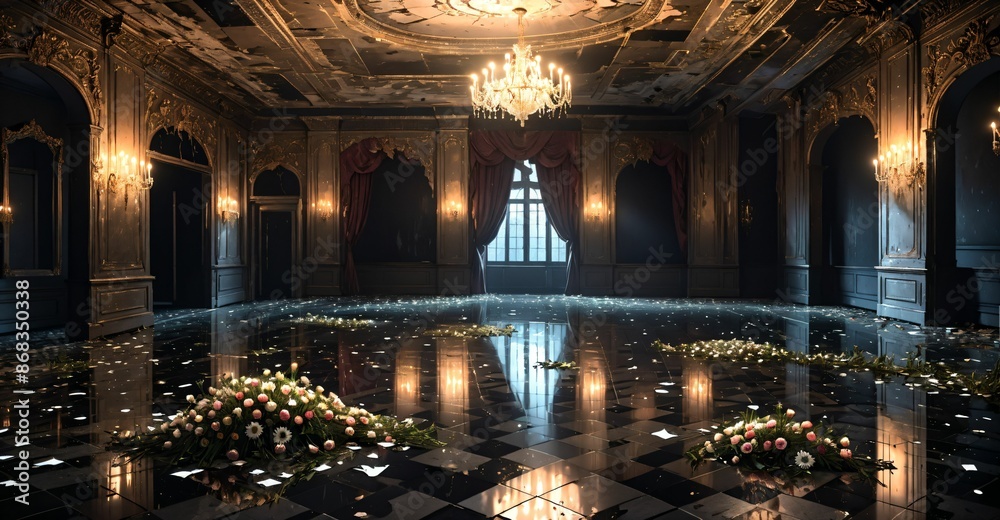Obraz premium abandoned palace mansion castle interior and decor with reflective floor, flowers, petals, chandeliers, rubble, and debris. floral embellishments old gothic medieval house building ruins.