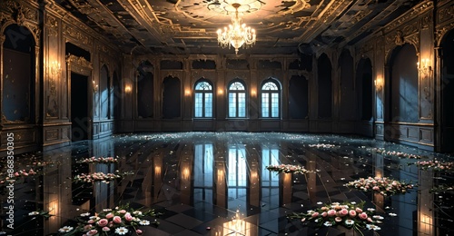 abandoned palace mansion castle interior and decor with reflective floor, flowers, petals, chandeliers, rubble, and debris. floral embellishments old gothic medieval house building ruins.