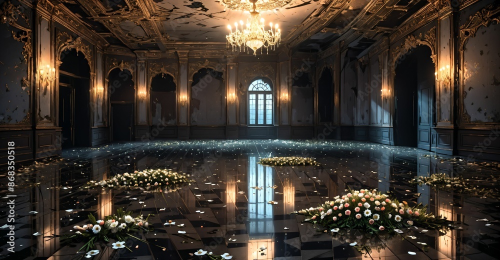 Obraz premium abandoned palace mansion castle interior and decor with reflective floor, flowers, petals, chandeliers, rubble, and debris. floral embellishments old gothic medieval house building ruins.