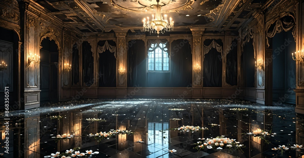 abandoned palace mansion castle interior and decor with reflective floor, flowers, petals, chandeliers, rubble, and debris. floral embellishments old gothic medieval house building ruins. abandoned palace mansion castle interior and decor with reflective floor, flowers, petals, chandeliers, rubble, and debris. floral embellishments old gothic medieval house building ruins.