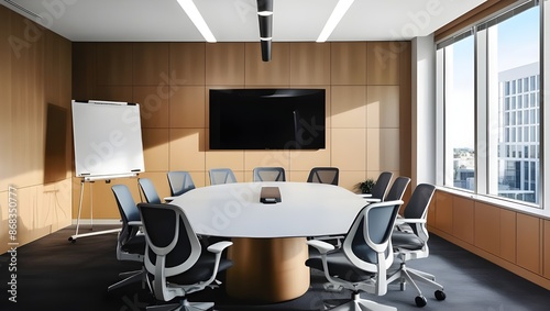  A modern office space with a large conference table, ergonomic chairs, and a whiteboard on the wall. 