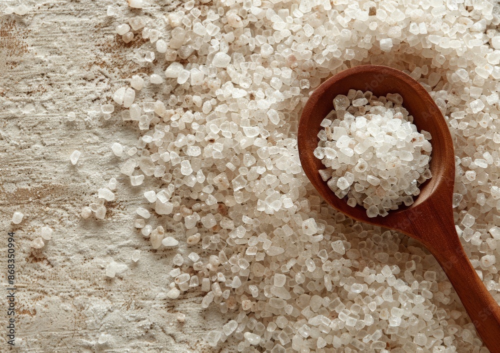 Pure White Salt in Wooden Spoon on Textured Background Pure White Salt in Wooden Spoon on Textured Background