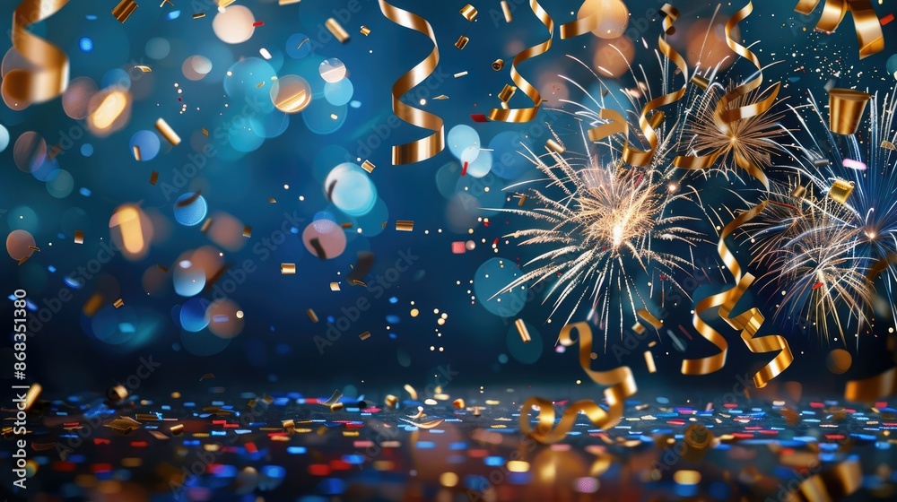Colorful confetti and fireworks background with golden streamers on a ...