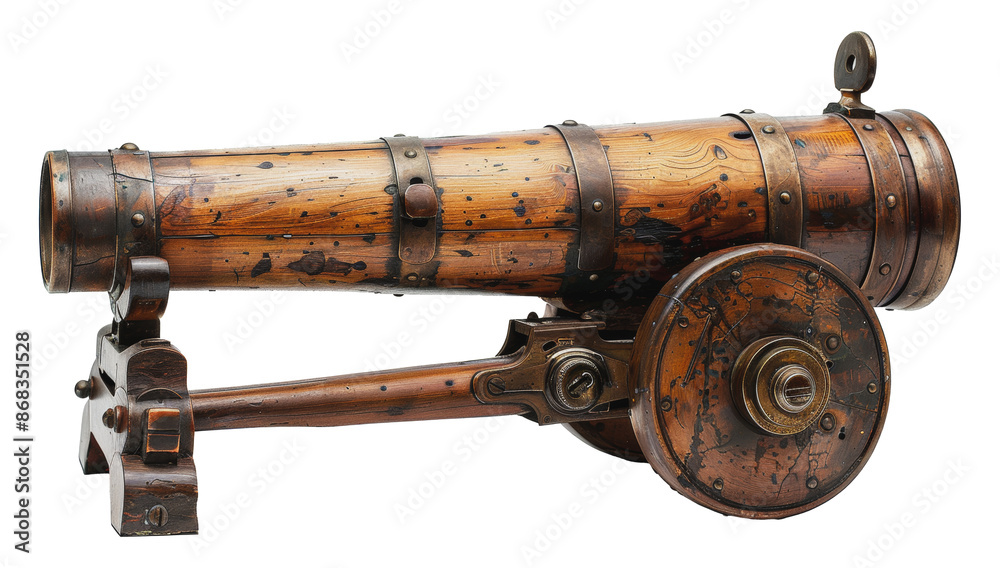 Wooden cannon with metal bands and brass accents, cut out - stock png. Wooden cannon with metal bands and brass accents, cut out - stock png.
