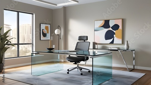 A contemporary office room with a glass desk, ergonomic chair, and abstract art on the walls. 