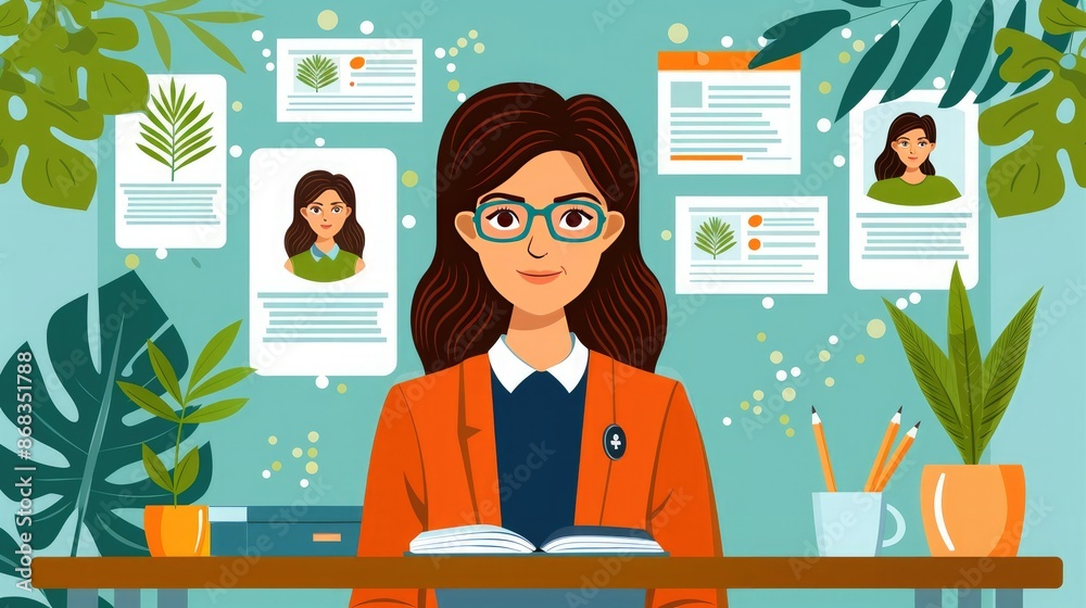 Illustration of a woman working at a desk with plants and educational materials behind her, creating a productive and inspiring workspace. Illustration of a woman working at a desk with plants and educational materials behind her, creating a productive and inspiring workspace.