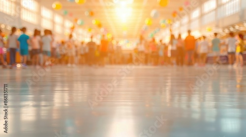 Colorful school event with children in blurry background and bright lighting in gymnasium