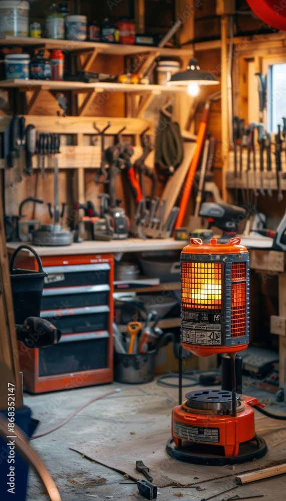Fototapeta premium Warm Garage Workshop with Portable Propane Heater and Organized Tools for Winter Projects