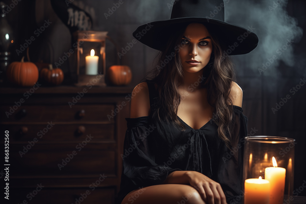 Woman with a candle in the room. Woman wearing a Halloween costume with festive decorations and lanterns. Generative AI Woman with a candle in the room. Woman wearing a Halloween costume with festive decorations and lanterns. Generative AI