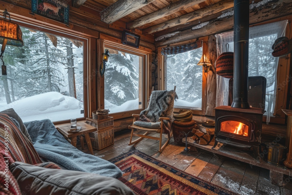 Cozy Winter Cabin with Wood Burning Stove and Snowy Forest View, Perfect for Rustic Retreat Cozy Winter Cabin with Wood Burning Stove and Snowy Forest View, Perfect for Rustic Retreat