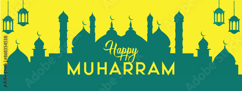 Happy Muharram vector Illustration | Islamic New Year |With Yellow Background and Grey Mosque and grey lantern |Islamic new Year |Muslim Holiday Day .