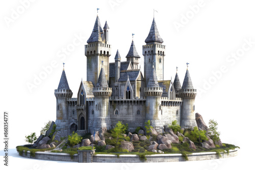 Majestic medieval castle with tall spires and fortified walls, surrounded by lush greenery, perfect for fantasy and historical themes.