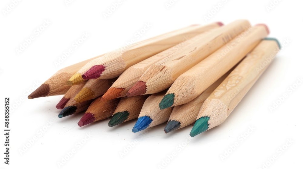 Wooden drawing pencils in natural colors on white background Wooden drawing pencils in natural colors on white background