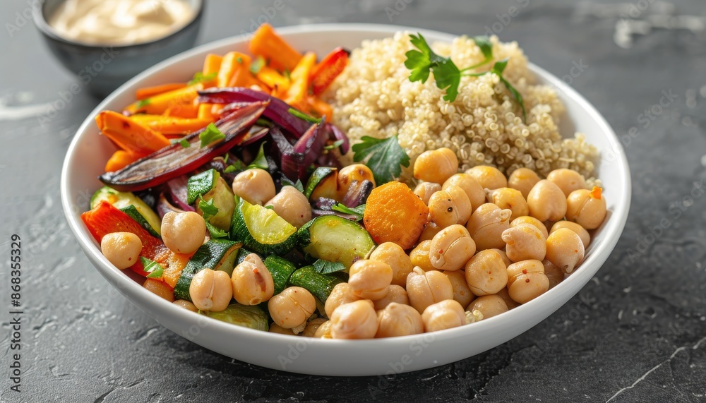 A bowl of food with a variety of vegetables and chickpeas