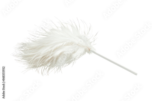 A white feather duster with a soft and fluffy texture, ideal for dusting and cleaning surfaces, isolated on a white background.