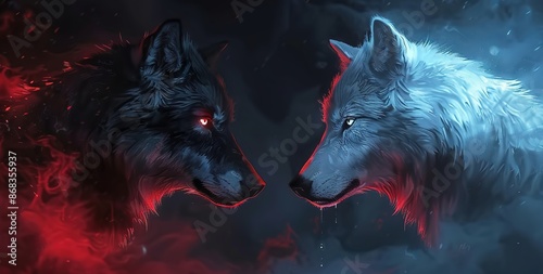 Concept art depicting a confrontation between a white wolf and a black wolf symbolizing the eternal struggle between good and evil. 