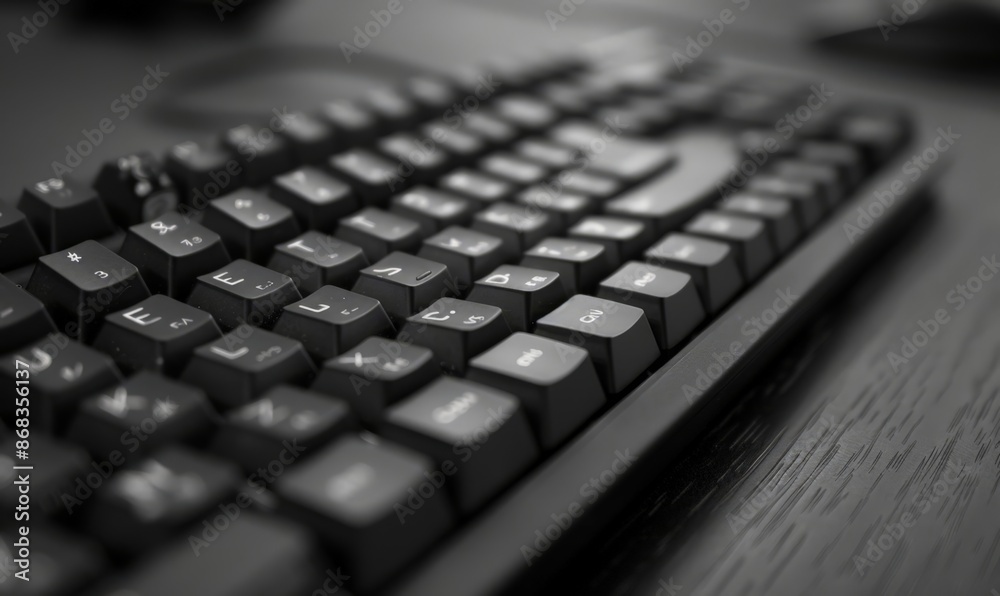 Professional Black Keyboard with White Lettering on a Desk Professional Black Keyboard with White Lettering on a Desk