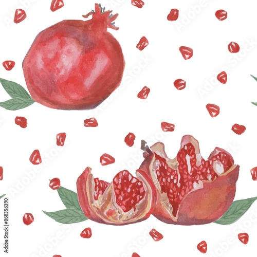 Seamless pattern with hand drawn elements. Fruit pattern with pomegranates