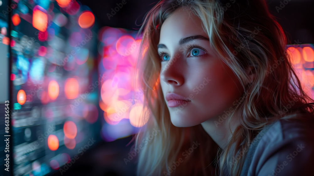 portrait of a beautiful blonde woman in front of a computer screen, looking at data visualizations, neon lights, bokeh, blurred background portrait of a beautiful blonde woman in front of a computer screen, looking at data visualizations, neon lights, bokeh, blurred background