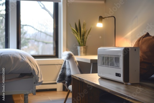 Minimalist Dorm Room with Stylish Compact Heater for Cozy and Comfortable Living