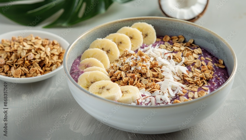 A bowl of food with bananas and granola in it A bowl of food with bananas and granola in it