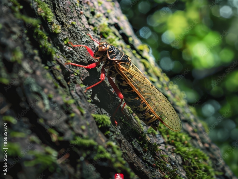 Vivid Red and Black Dragonfly Perched on Mossy Tree Bark Vivid Red and Black Dragonfly Perched on Mossy Tree Bark