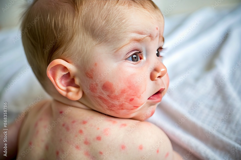 Closeup of a baby's sensitive skin showing redness, rashes, and patches on the cheeks and back