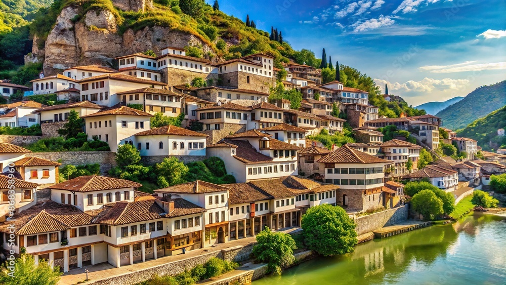 Fototapeta premium Ancient Ottoman architecture fills the hillside of Berat, Albania, with white-washed houses and red-tiled roofs cascading towards the tranquil Osum River valley below.