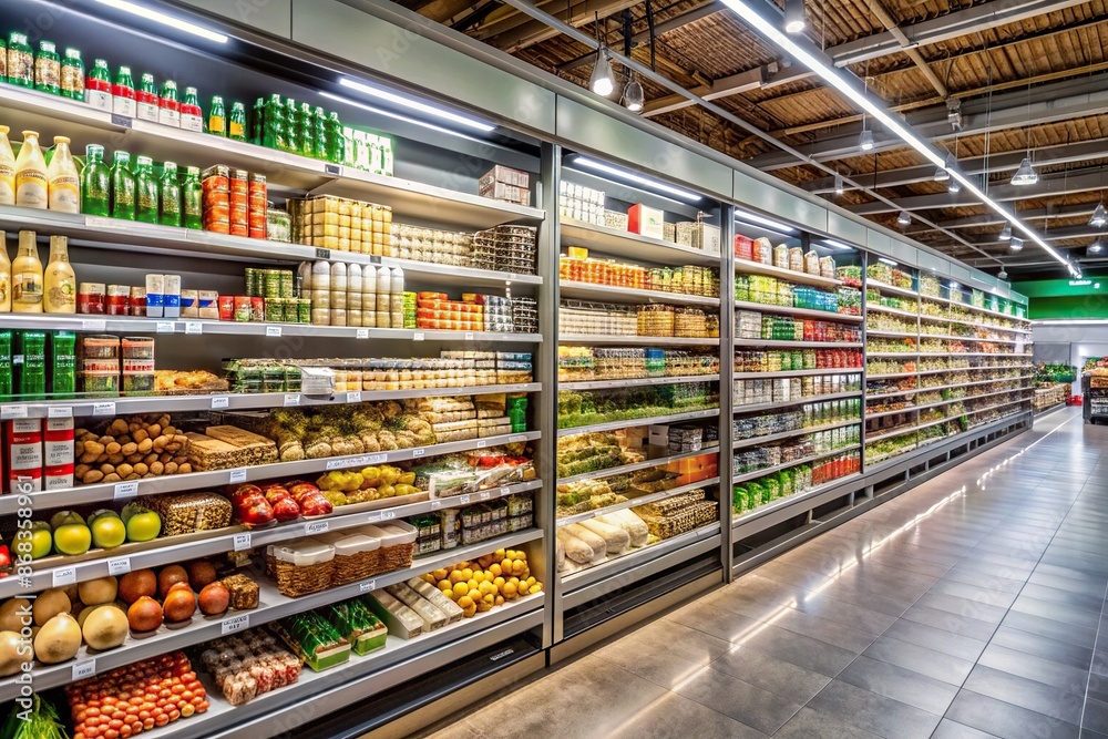 Modern well-lit supermarket interior with neat rows of fully stocked shelves displaying various food and household products in a sleek and clean environment. Modern well-lit supermarket interior with neat rows of fully stocked shelves displaying various food and household products in a sleek and clean environment.