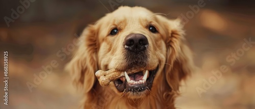 A closeup half body of charismatic Golden Retriever happily munching on a tasty bone, its golden coat gleaming, colorful strange bizarre sharpen blur background with copy space photo