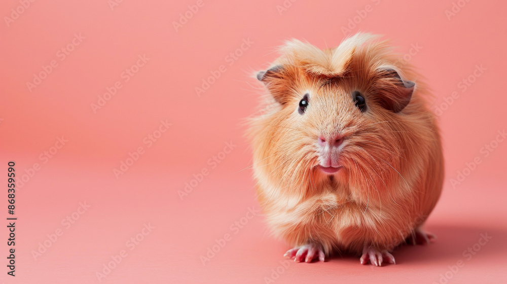 Cute guinea pig with long fur sitting against a pink background, showcasing its adorable and fluffy appearance. The charming pet exudes sweetness and curiosity. Cute guinea pig with long fur sitting against a pink background, showcasing its adorable and fluffy appearance. The charming pet exudes sweetness and curiosity.