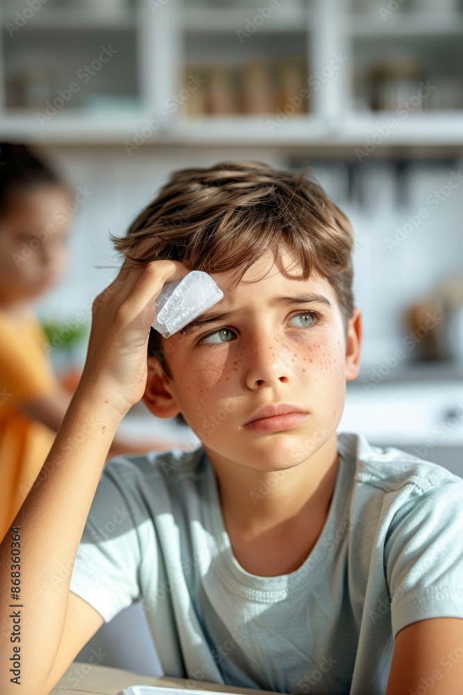 Young Boy Applying Ice Pack to Swollen Eye in Kitchen with Concerned Parent Nearby Young Boy Applying Ice Pack to Swollen Eye in Kitchen with Concerned Parent Nearby