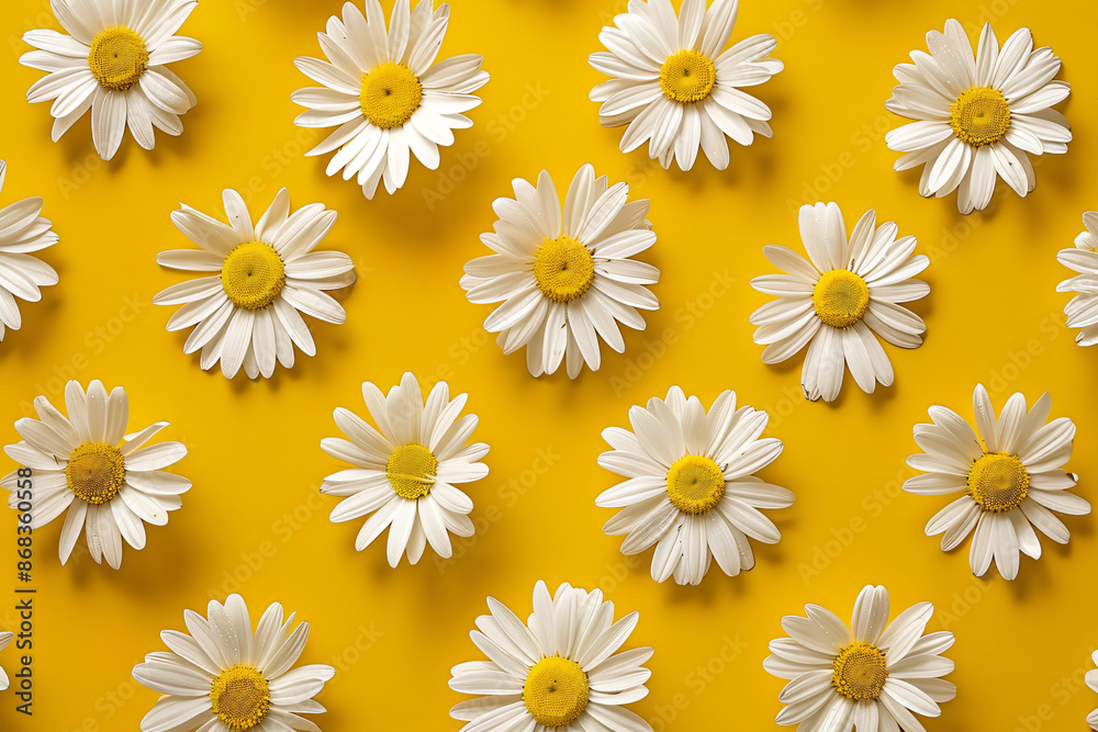 Photo of a pattern with white daisies on a yellow background in a flat lay. Web banner Photo of a pattern with white daisies on a yellow background in a flat lay. Web banner