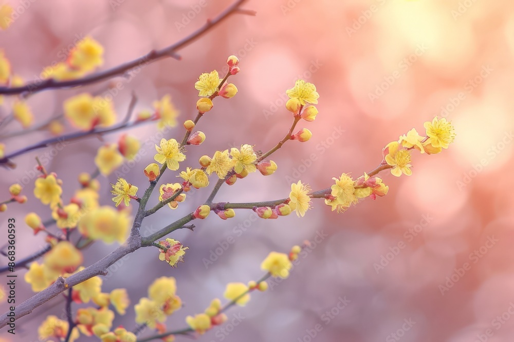 Vibrant Blossoms on a Branch Against a Soft Blurred Background Vibrant Blossoms on a Branch Against a Soft Blurred Background
