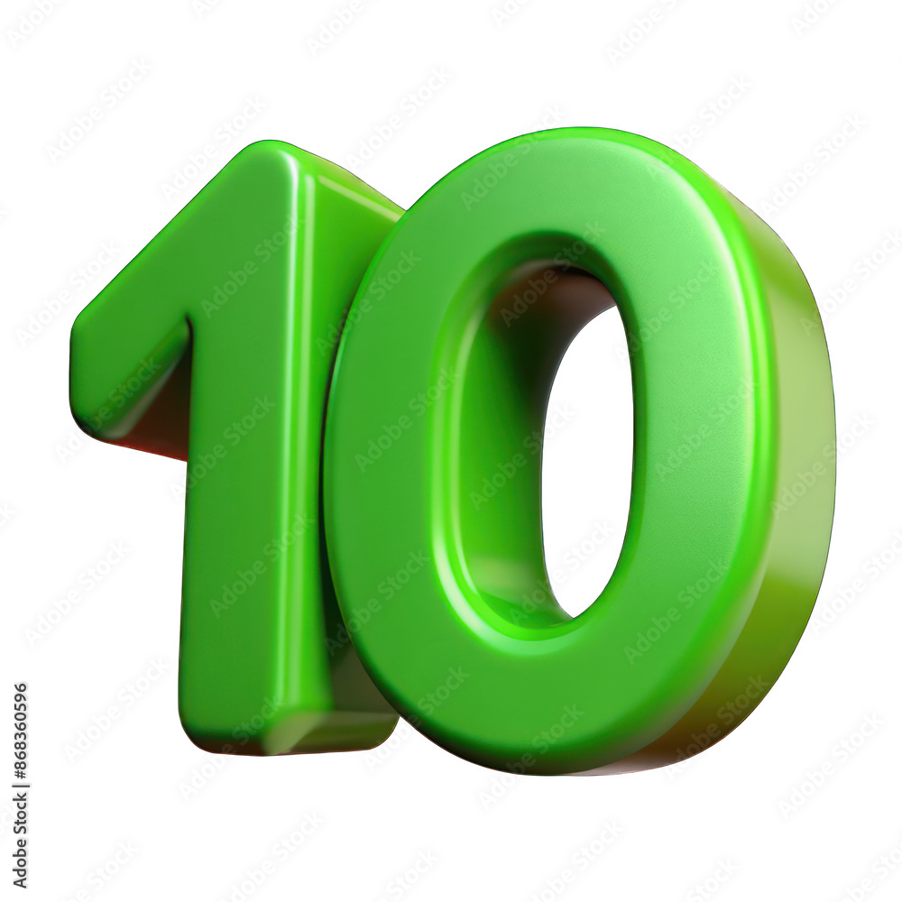Green number 10 3d isolated on transparent background
