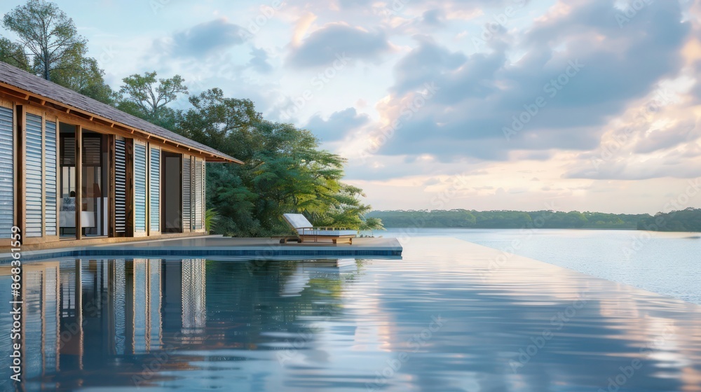 lakeside retreat with Bahama shutters in sky blue, mirroring the color of the water and sky for a seamless integration into the scenic location lakeside retreat with Bahama shutters in sky blue, mirroring the color of the water and sky for a seamless integration into the scenic location