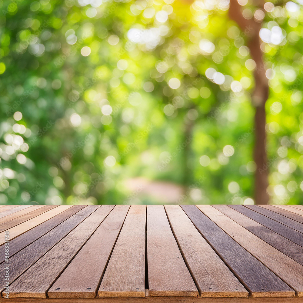 Wooden table for product display in front of blurred green forest background Wooden table for product display in front of blurred green forest background