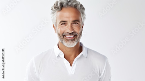Portrait a senior beard man smiling looking at camera on white background
